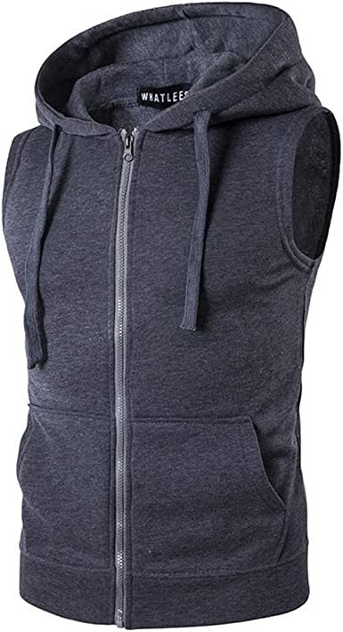 Men's Hooded Zip Sleeveless Sweater Vest Slim Fit Solid Hooded Vest Jacket