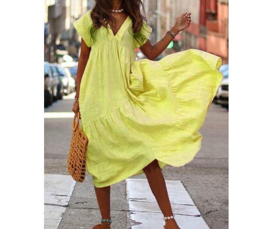 V Neck Ruffle Loose Swing Short T-shirt Dress