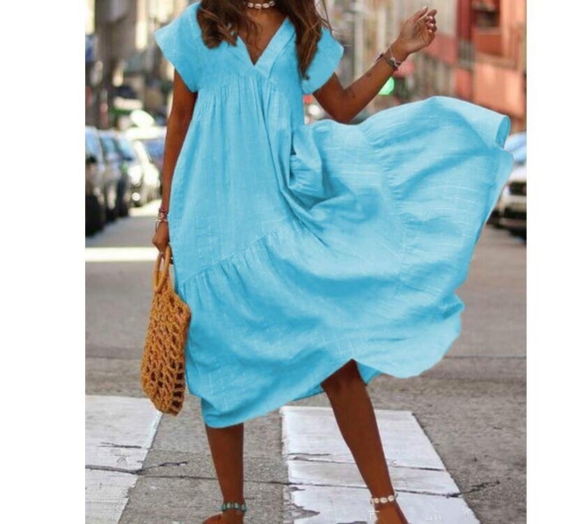 V Neck Ruffle Loose Swing Short T-shirt Dress