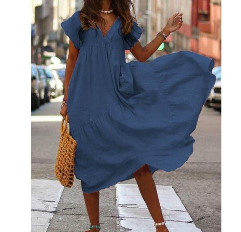 V Neck Ruffle Loose Swing Short T-shirt Dress