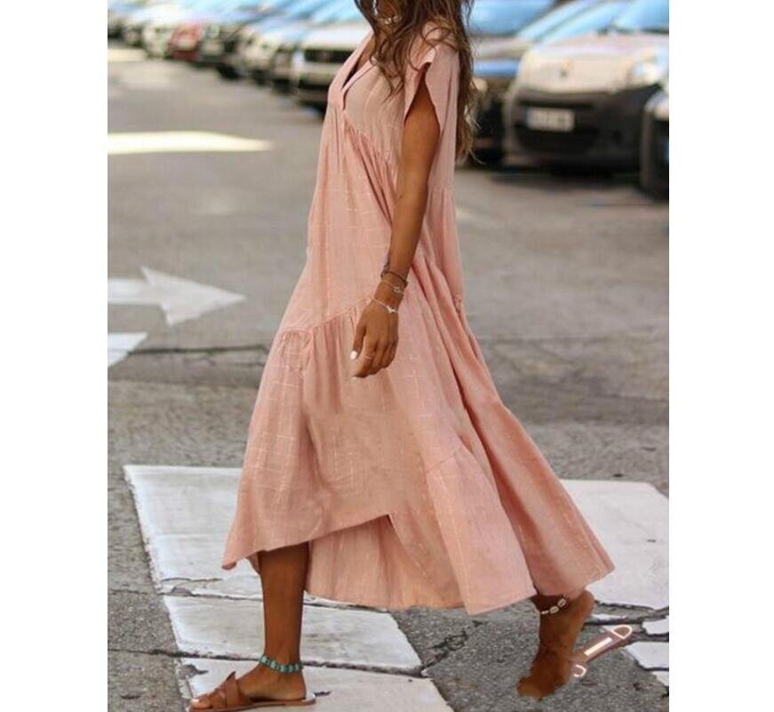 V Neck Ruffle Loose Swing Short T-shirt Dress