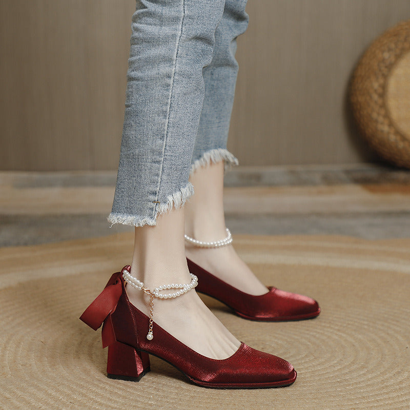 Four Seasons Chunky High Heels Women Girl Satin Upper Square Head Bead Lolita Retro Mary Jane Dress Shoes Mid-heel Bow-knot New