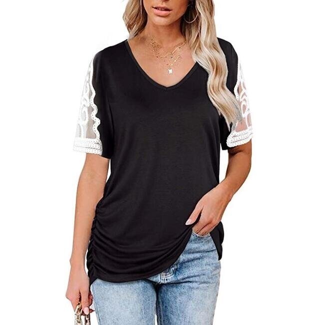 Lace Stitching V-neck Short Sleeve Lace Blouse Shirt