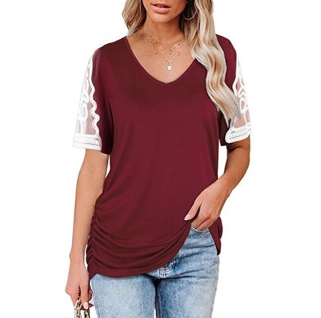 Lace Stitching V-neck Short Sleeve Lace Blouse Shirt