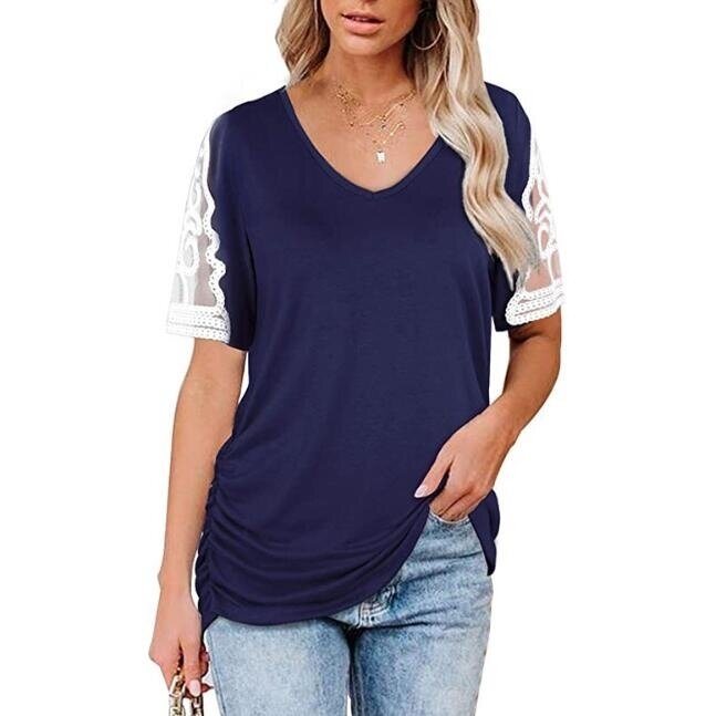 Lace Stitching V-neck Short Sleeve Lace Blouse Shirt