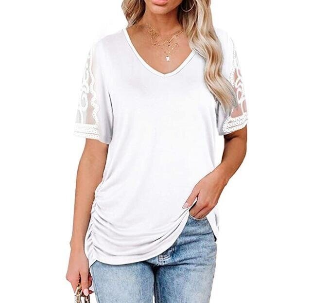 Lace Stitching V-neck Short Sleeve Lace Blouse Shirt