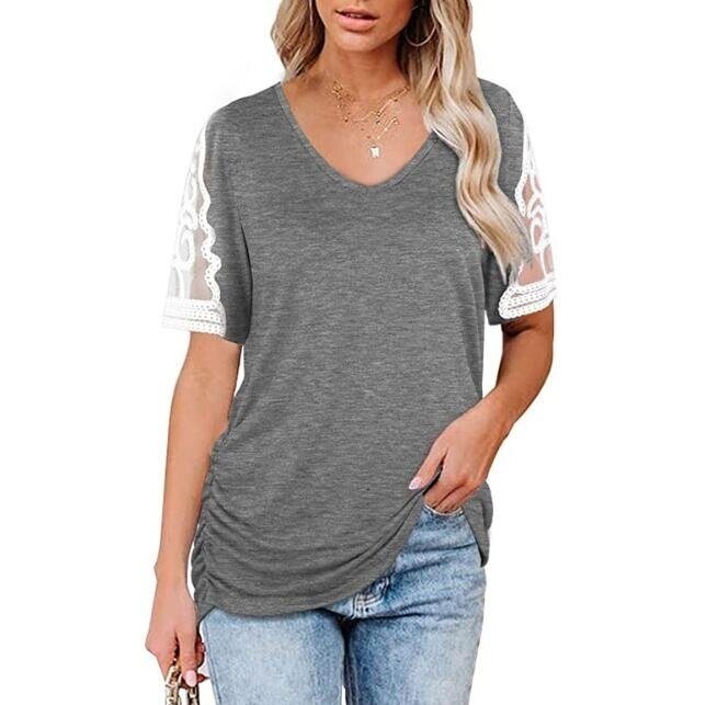 Lace Stitching V-neck Short Sleeve Lace Blouse Shirt