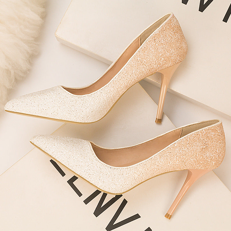 Four Seasons Fine High Heels Women 9cm Elegant Ladies Gradient Sequins Pointed Toe Wedding Bridesmaid Shoes Party Banquet Daily