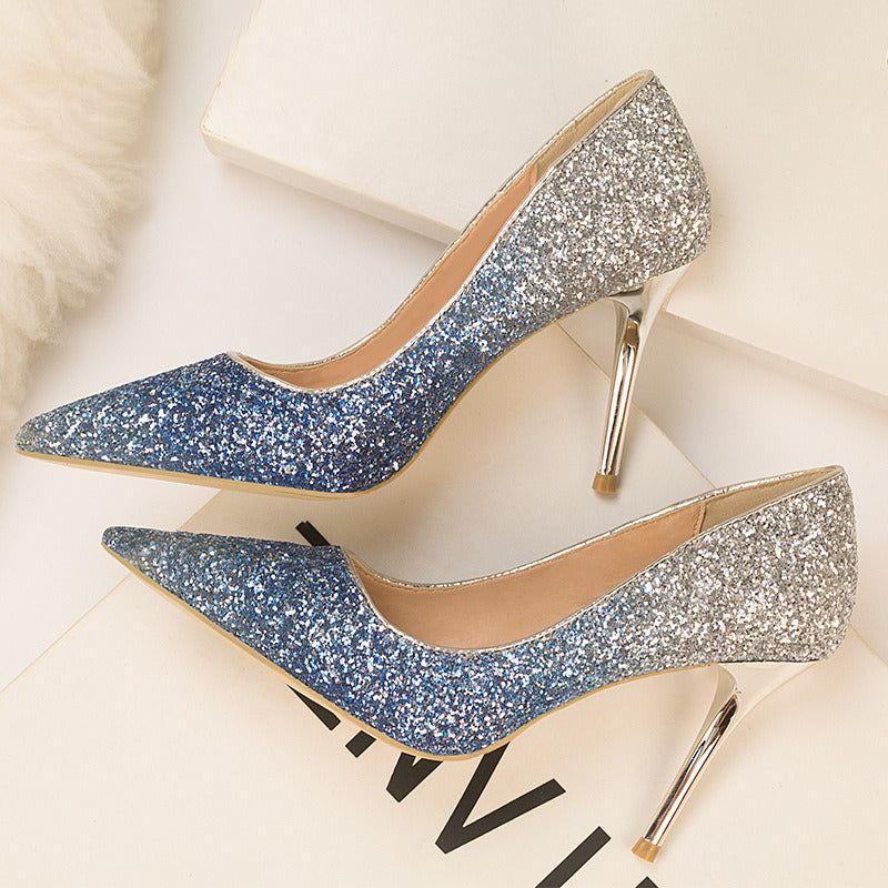 Four Seasons Fine High Heels Women 9cm Elegant Ladies Gradient Sequins Pointed Toe Wedding Bridesmaid Shoes Party Banquet Daily