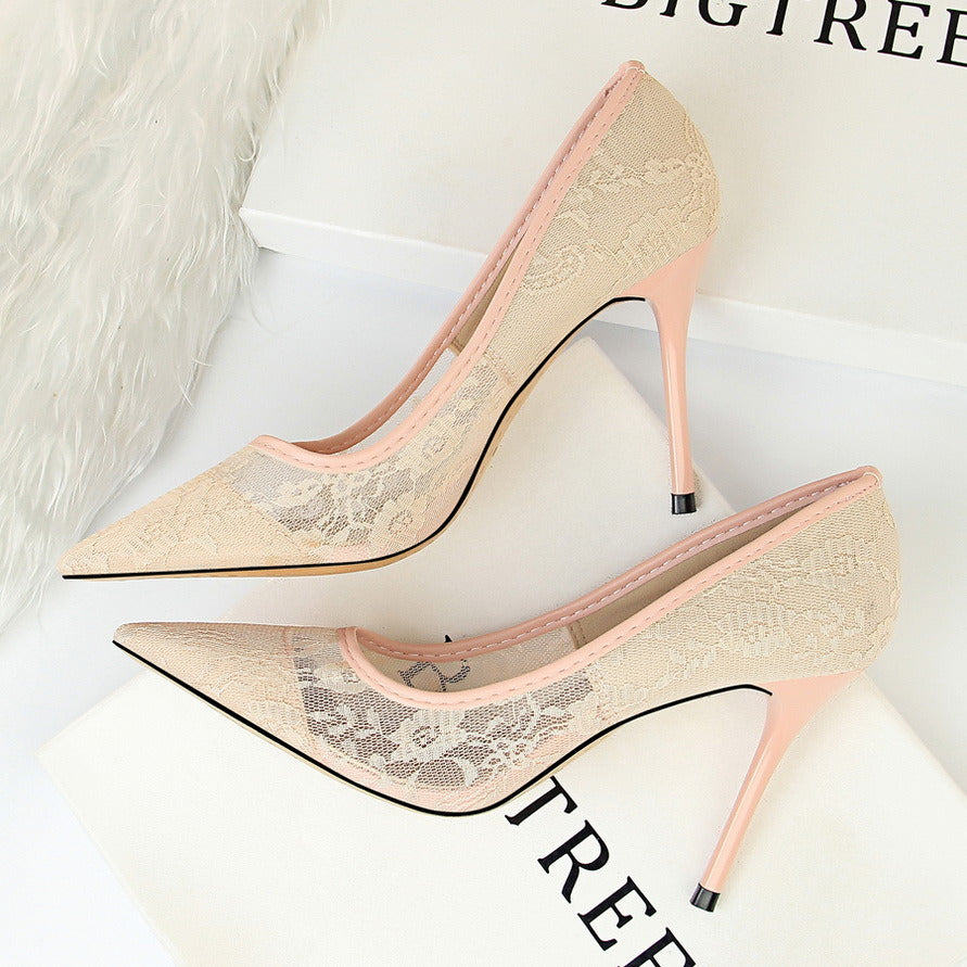 New Fine High Heel Women Casual Elegant Pointed Toe Dress Shoes Pumps Mesh Hollow Lace Upper Fashion Spring Summer Autumn Party