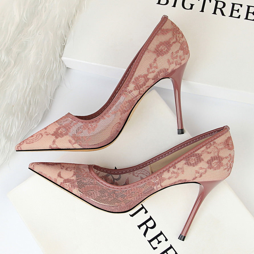 New Fine High Heel Women Casual Elegant Pointed Toe Dress Shoes Pumps Mesh Hollow Lace Upper Fashion Spring Summer Autumn Party