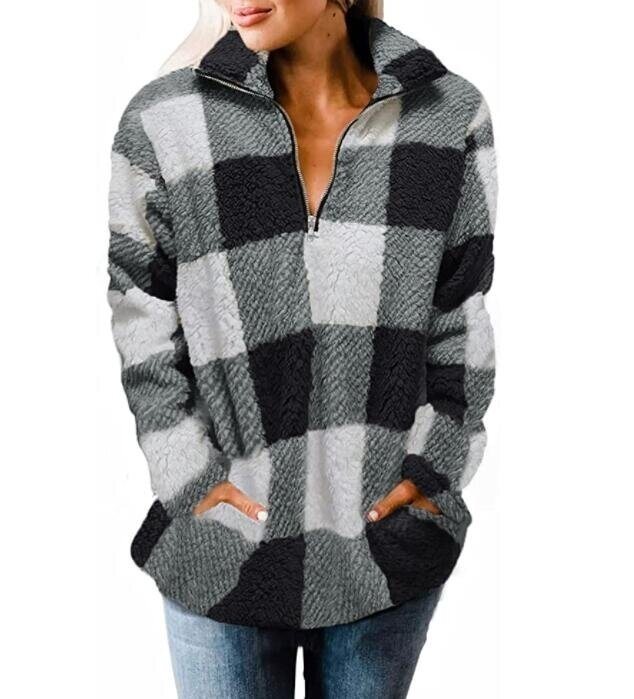 Plaid Zipper Sherpa Sweater Pullover