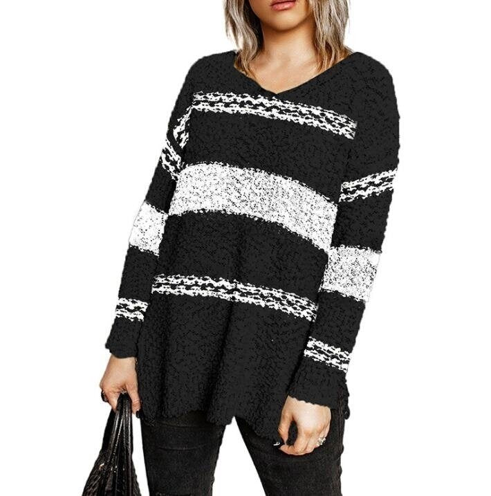 V-neck Split Loose Casual Striped Sweater