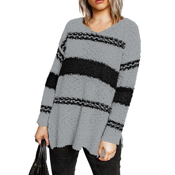 V-neck Split Loose Casual Striped Sweater