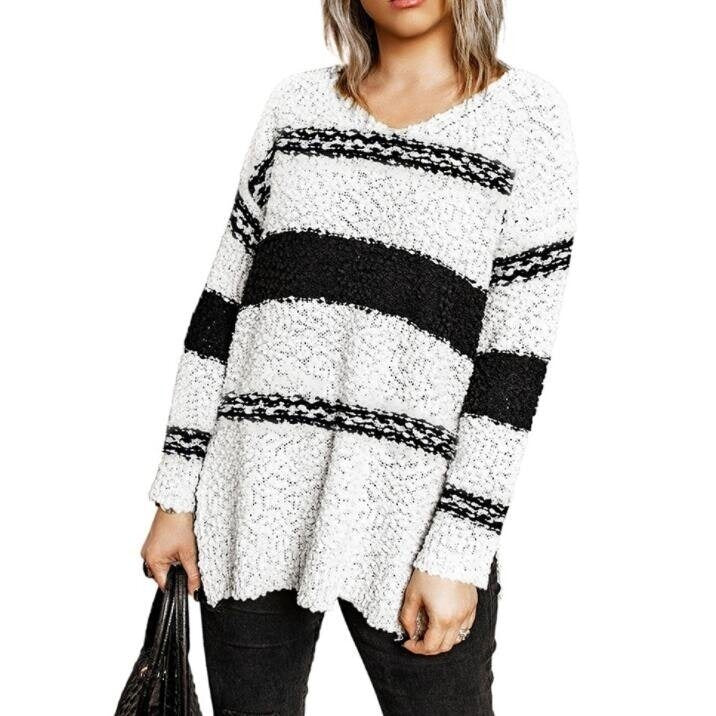 V-neck Split Loose Casual Striped Sweater