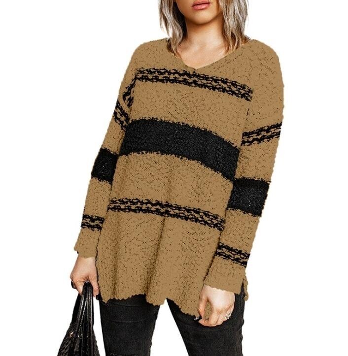 V-neck Split Loose Casual Striped Sweater