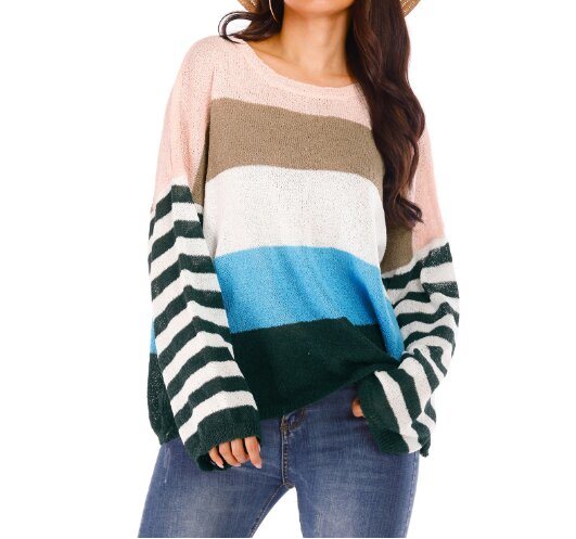 Women's Sweater Long Sleeve Rainbow Color Block Oversized Knitted Sweater