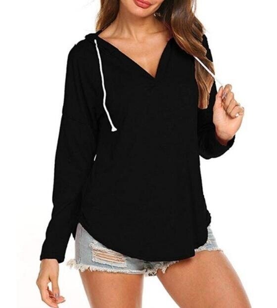 Women's Hooded Long Sleeve T Shirt V Neck Tunic Tops Casual Tees Loose Sweatshirts