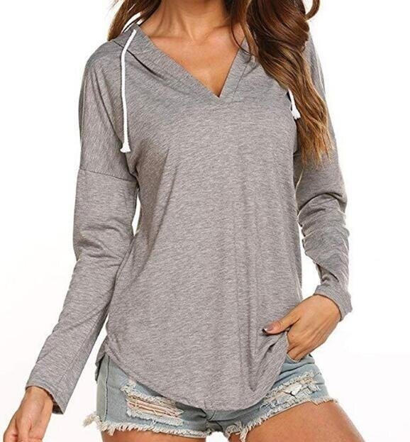 Women's Hooded Long Sleeve T Shirt V Neck Tunic Tops Casual Tees Loose Sweatshirts