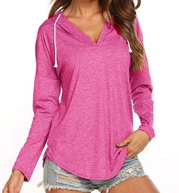 Women's Hooded Long Sleeve T Shirt V Neck Tunic Tops Casual Tees Loose Sweatshirts