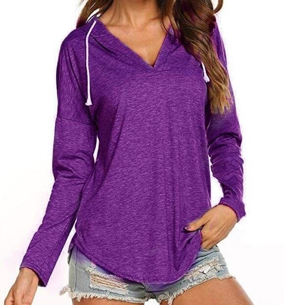 Women's Hooded Long Sleeve T Shirt V Neck Tunic Tops Casual Tees Loose Sweatshirts