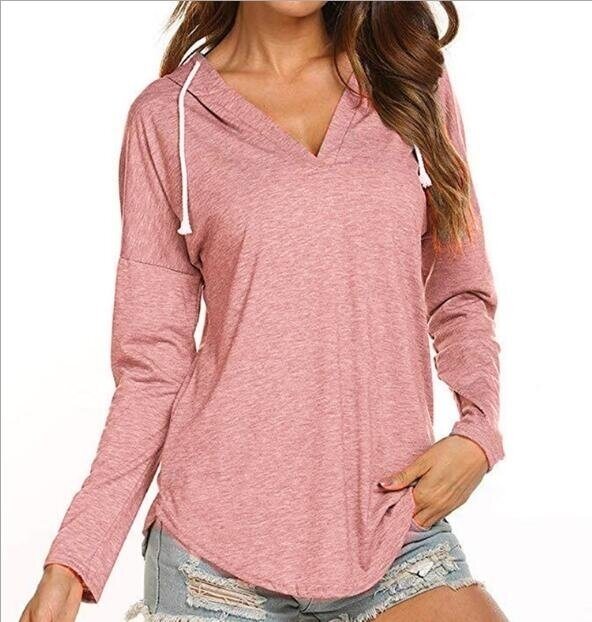 Women's Hooded Long Sleeve T Shirt V Neck Tunic Tops Casual Tees Loose Sweatshirts