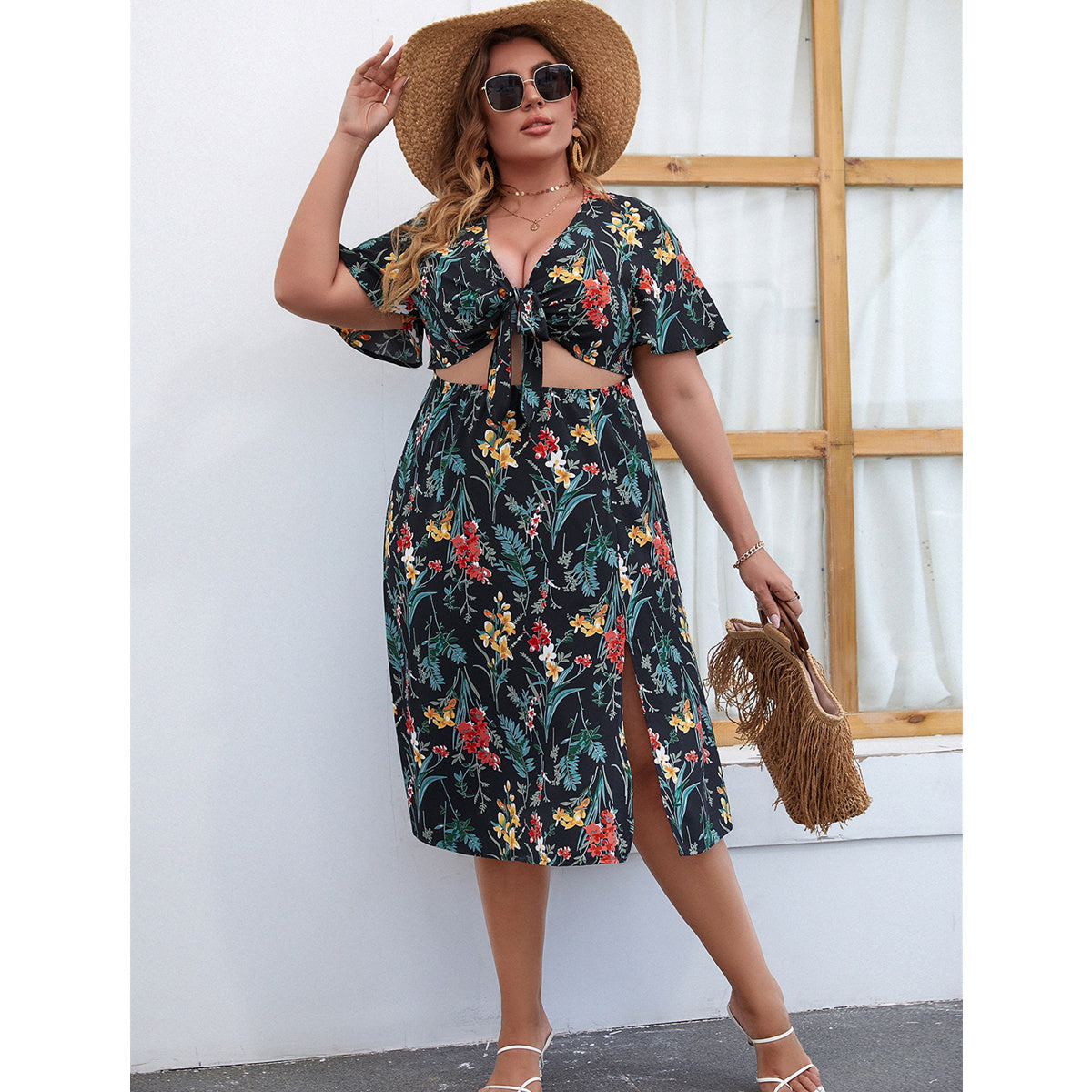 Summer Plus Size L-4XL Mid Floral Dress Beach Skirt Women Fashion Sexy Casual V-neck Slit Hem Hollow Waist Light Thin Breathable