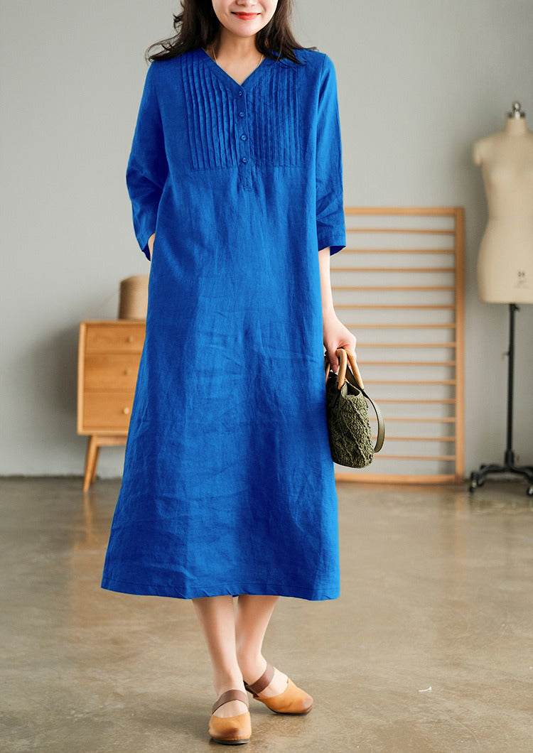 Spring Summer New Long Retro Cotton Linen Dress Loose Thin Half Sleeves Fashion V-Neck Over The Knee Skirt Soft Cozy Breathable