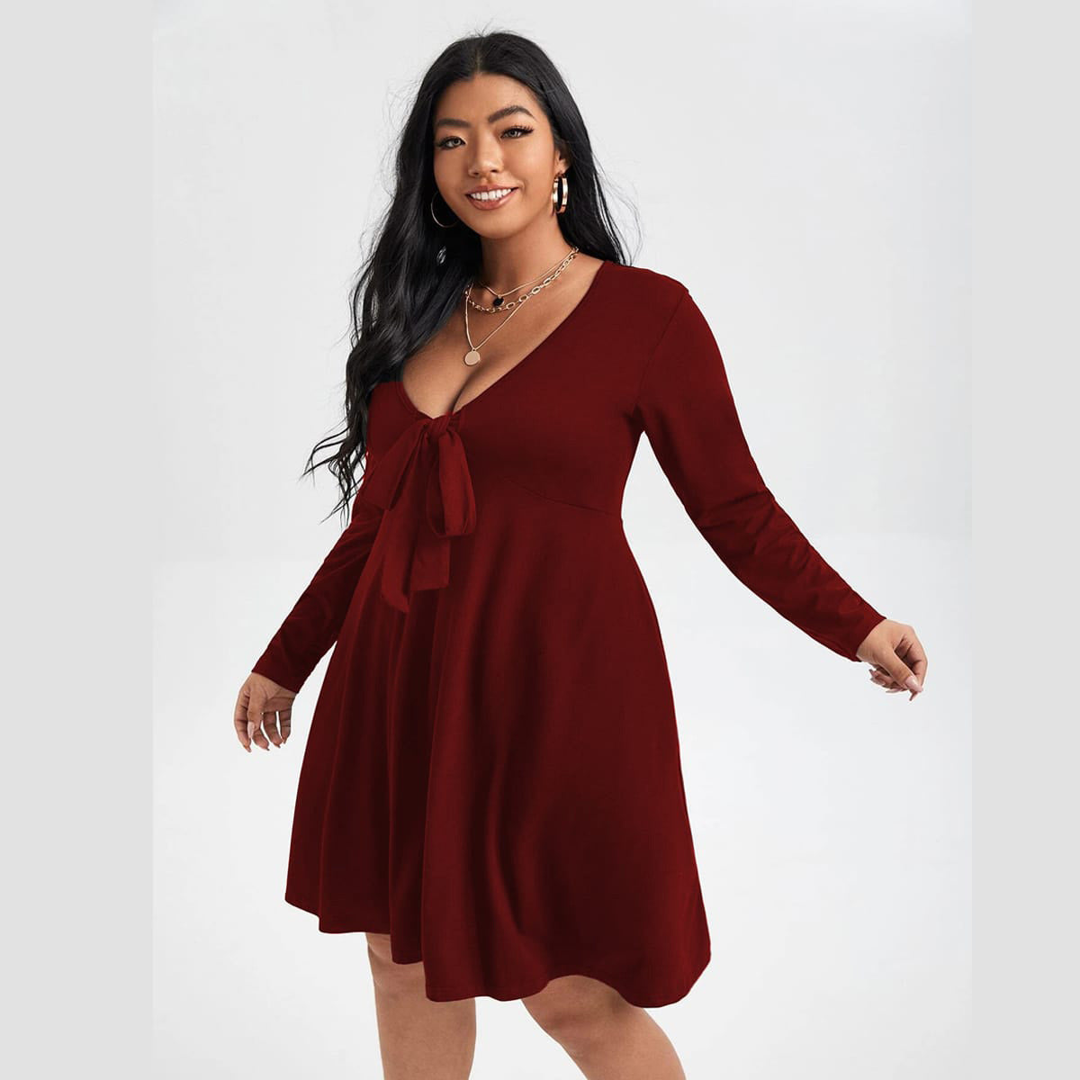 Spring Summer Autumn Plus Size L-4XL Mini Dress Women Retro Sexy V-Neck Frenulum Long Sleeve Light Thin Casual Beach Skirt Solid