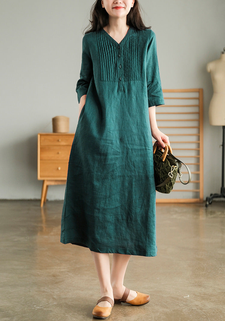 Spring Summer New Long Retro Cotton Linen Dress Loose Thin Half Sleeves Fashion V-Neck Over The Knee Skirt Soft Cozy Breathable