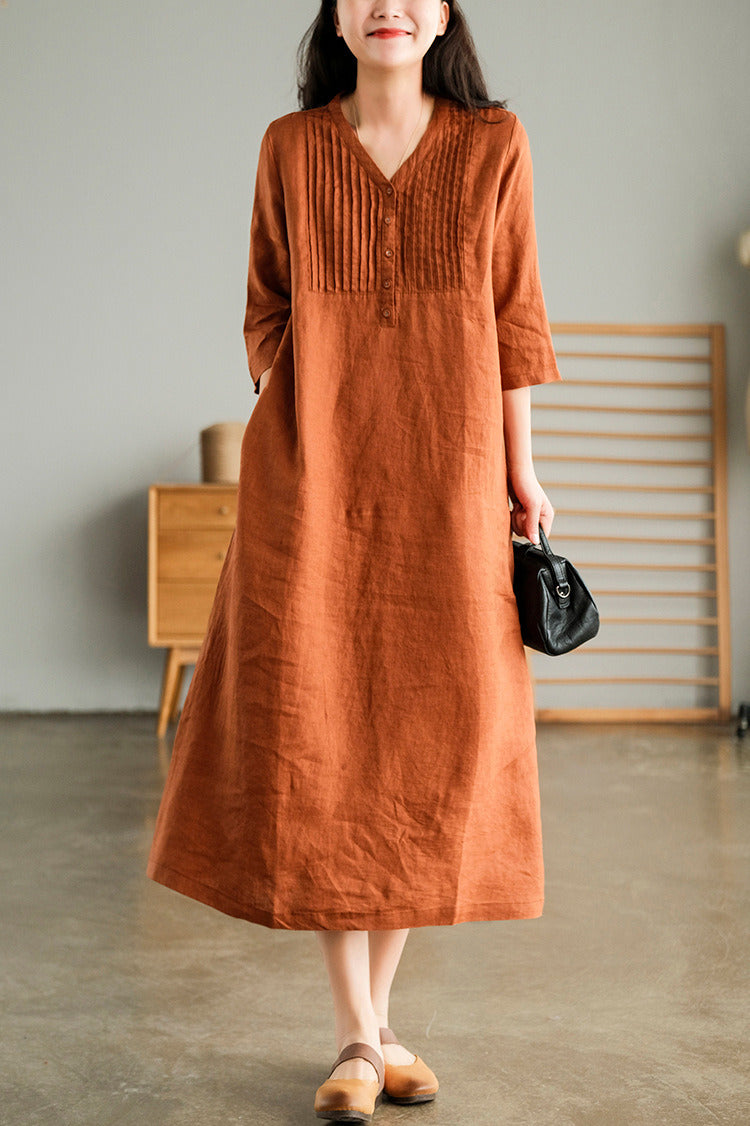 Spring Summer New Long Retro Cotton Linen Dress Loose Thin Half Sleeves Fashion V-Neck Over The Knee Skirt Soft Cozy Breathable