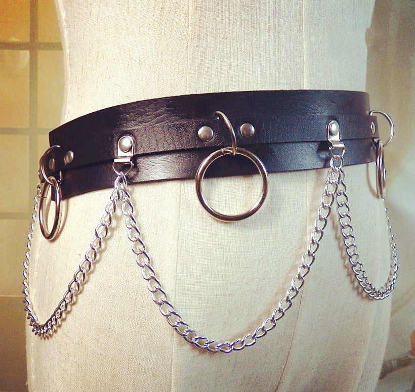 2021 New Punk Gothic Faux Leather Belt Metal Chain Ring Waist Strap Street Dance Decor