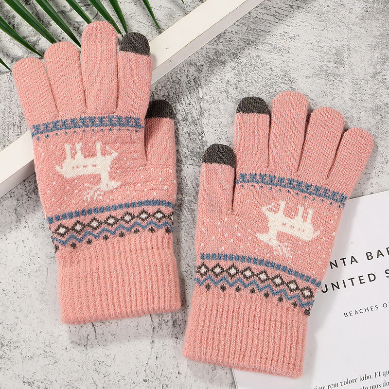 2022 New Women's Thick Knitted Gloves Girls Touch Screen Fashion Deer Pattern Sweet and Cute Autumn and Winter Warm Wool Gloves