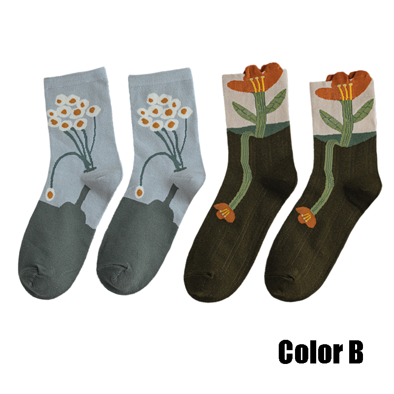 2 Pairs Women Socks 2022 New Crew Socks For Women Spring Fashion Cute Socks Flower Cotton Korean Style Breathable Casual Trendy