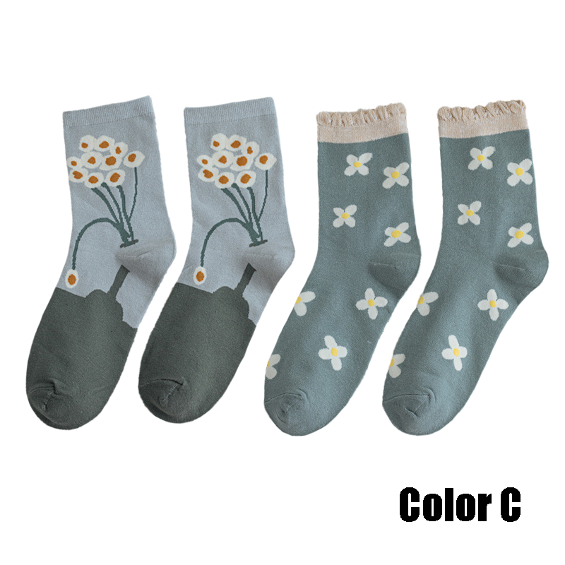 2 Pairs Women Socks 2022 New Crew Socks For Women Spring Fashion Cute Socks Flower Cotton Korean Style Breathable Casual Trendy