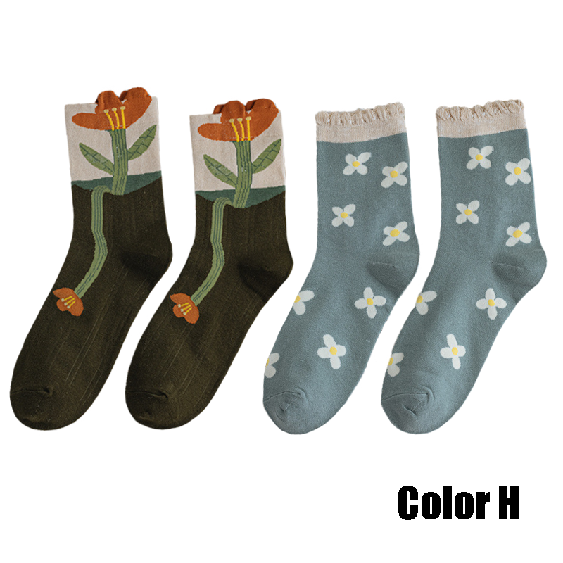 2 Pairs Women Socks 2022 New Crew Socks For Women Spring Fashion Cute Socks Flower Cotton Korean Style Breathable Casual Trendy