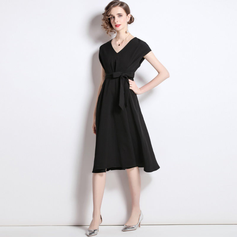 High Quality Summer Midi Dress Women Elegant 2022 Casual Formal with 2 Pockets Light High Waist V-Neck Skirt Lace Up Beige Black