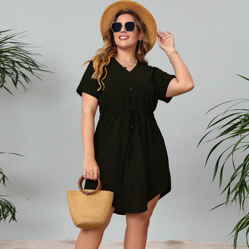 Plus Size L-4XL Women Girl Summer Mini Dress Fashion Drawstring Waist Button Irregular Hem V-neck Casual Short Skirt Party Beach