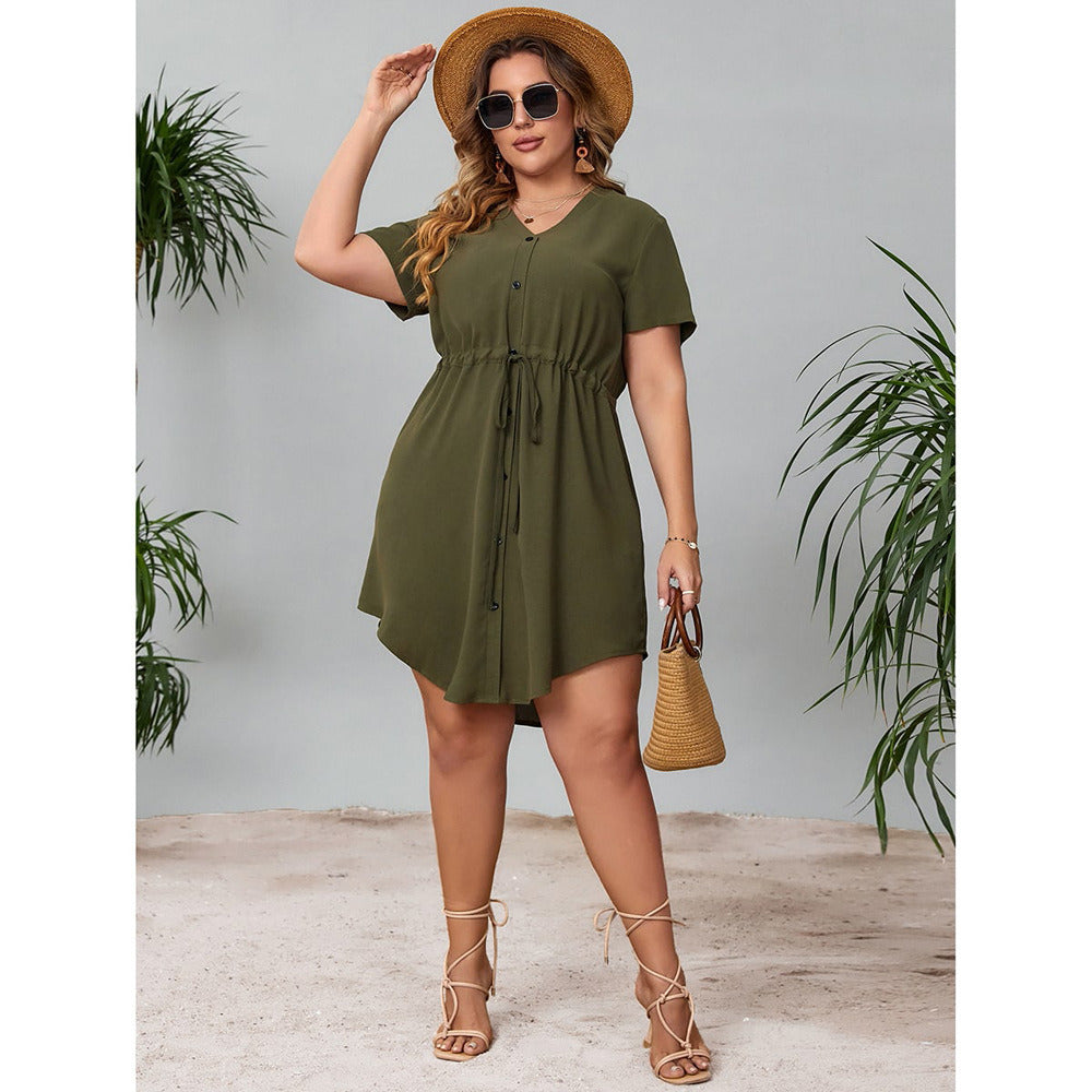 Plus Size L-4XL Women Girl Summer Mini Dress Fashion Drawstring Waist Button Irregular Hem V-neck Casual Short Skirt Party Beach