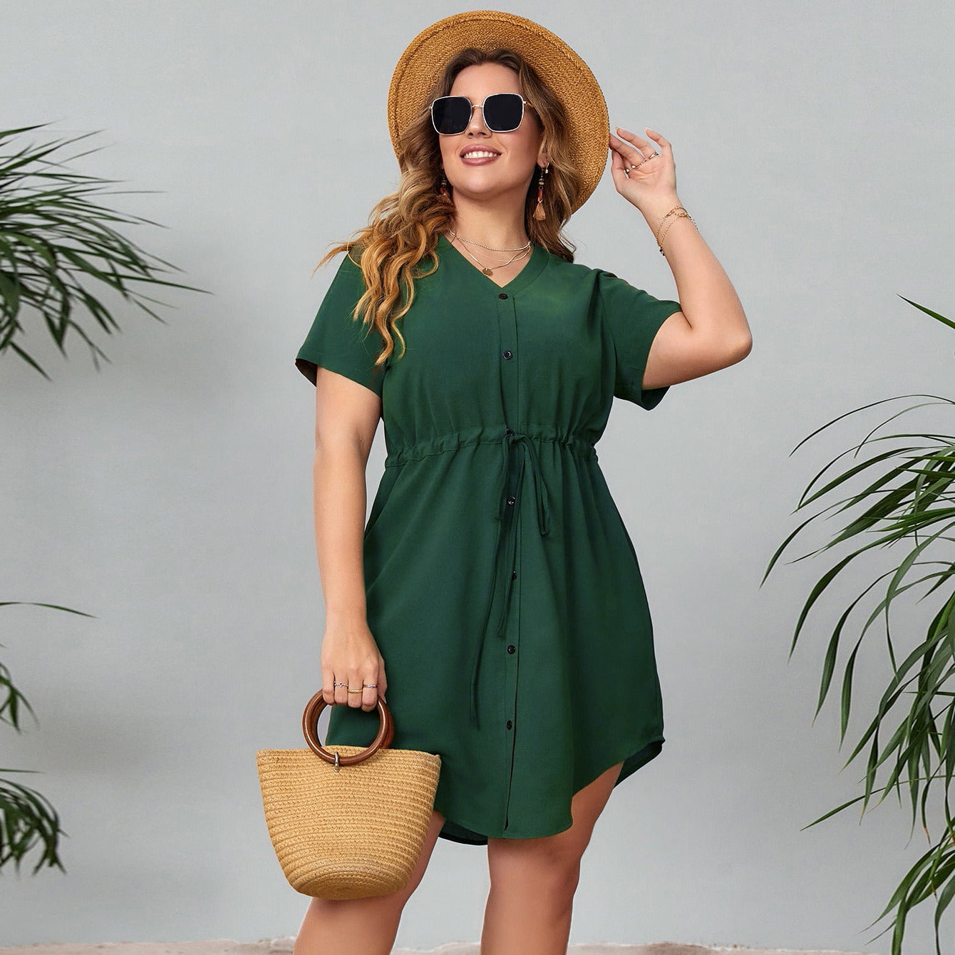 Plus Size L-4XL Women Girl Summer Mini Dress Fashion Drawstring Waist Button Irregular Hem V-neck Casual Short Skirt Party Beach