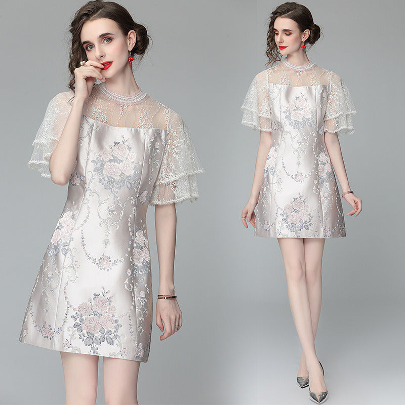 Summer Retro Court Style Short Dress Satin Jacquard Stitching Lace Floral Embroidery Layered Ruffle Sleeves Vintage High Quality