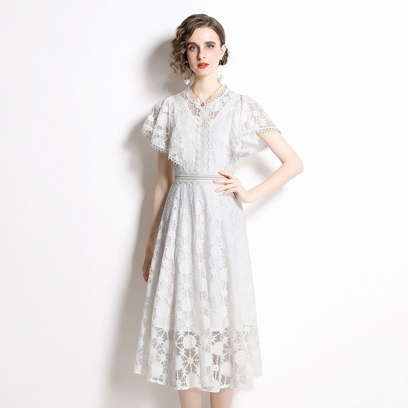 Summer Lace Midi Dress Elegant 2022 White Puff Ruffle Sleeves Hollow Out Slim Fit Waist A-line Skirt Retro Court Style Flowy Hem