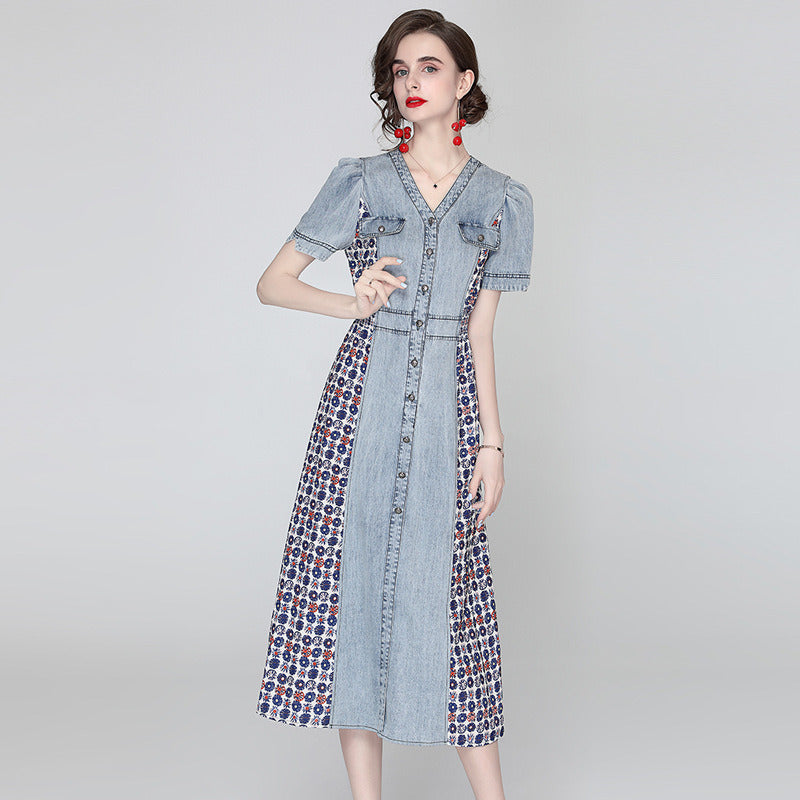 Summer Midi Casual Denim Dress Women Floral Fashion Stitching Chiffon Skirt Lightweight Breathable Streetwear Office Daily Life