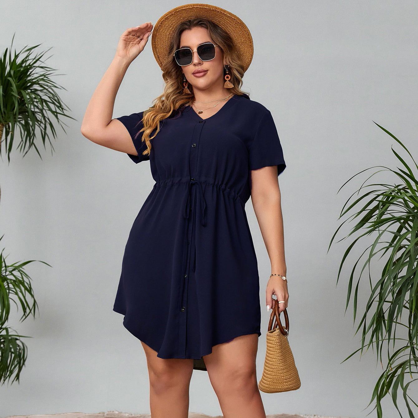 Plus Size L-4XL Women Girl Summer Mini Dress Fashion Drawstring Waist Button Irregular Hem V-neck Casual Short Skirt Party Beach