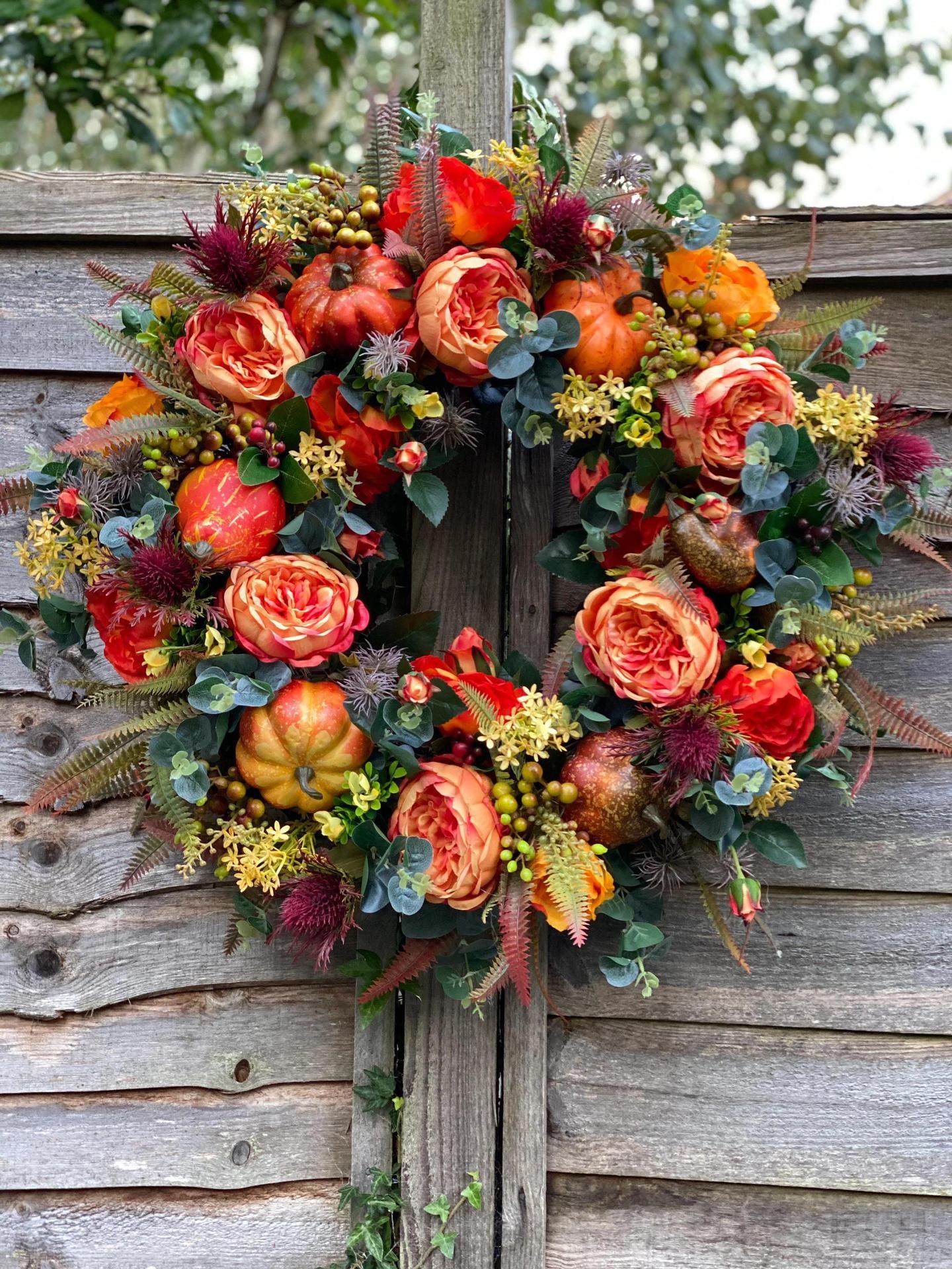 Fall Peony and Pumpkin Wreath, Autumn Year Round Wreaths for Front Door, Artificial Fall Wreath, Halloween Wreath, Thanksgiving Wreath, Maple Leaf Berry Pumpkin Pinecone Harvest Wreath, Home Farmhouse