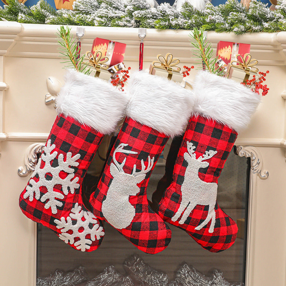 Christmas Decoration Embroidery Flower Plaid Christmas Socks Christmas Gift Bag Candy Bag Old Man Snowflake Gift Bag