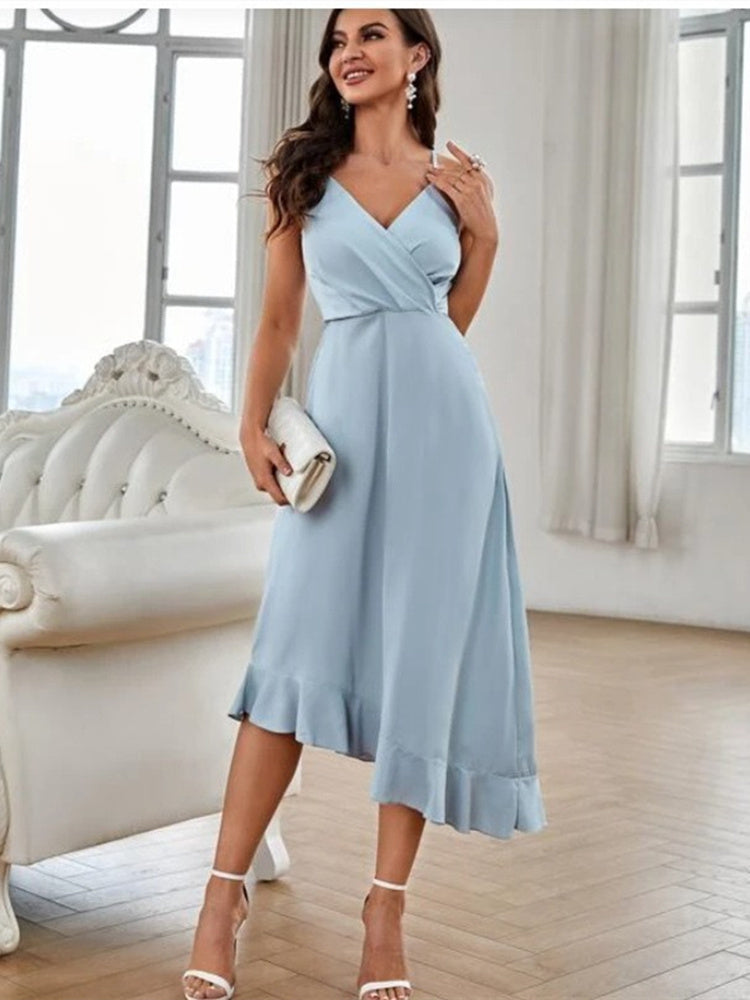 Summer Midi Slip Skirt Evening Dress Women Casual Office Sexy Cross Straps Backless Ruffle Hem Soft Solid Beach Party Bridesmaid