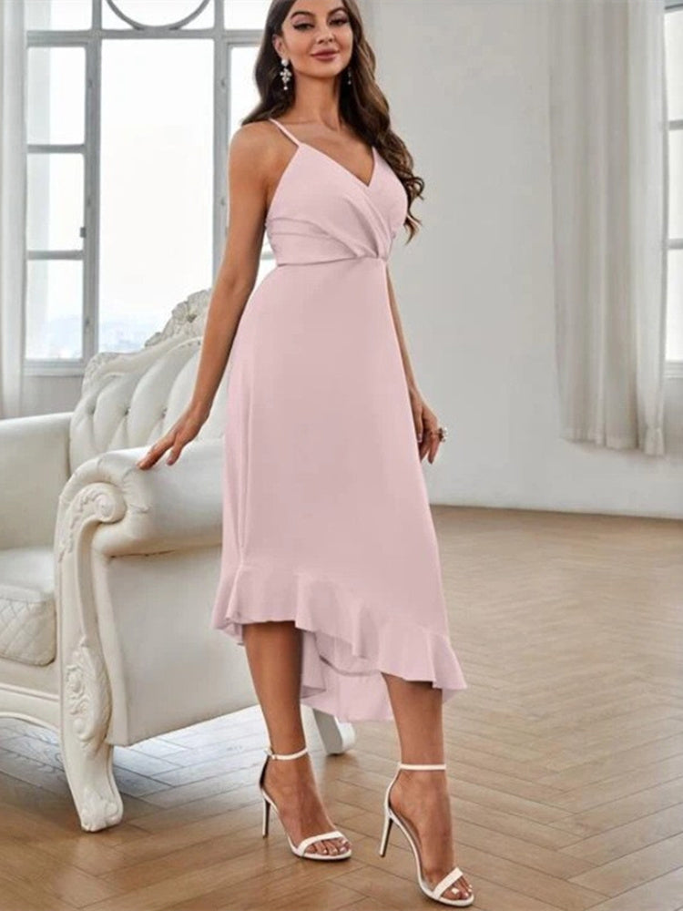 Summer Midi Slip Skirt Evening Dress Women Casual Office Sexy Cross Straps Backless Ruffle Hem Soft Solid Beach Party Bridesmaid