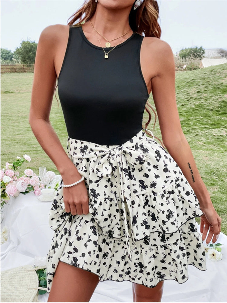 Summer Stitching Mini Dress Women Girl New Crew Neck Floral Sleeveless Belt Office Casual Beach Skirt Swing Flowy Hem Light Soft