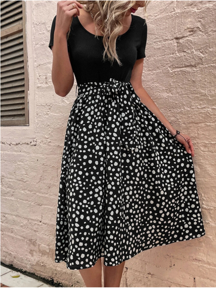 Summer Stitching Mini Dress Women New Crew Neck Polka Dot Short Sleeve Belt Office Casual Beach Skirt Swing Flowy Hem Light Soft